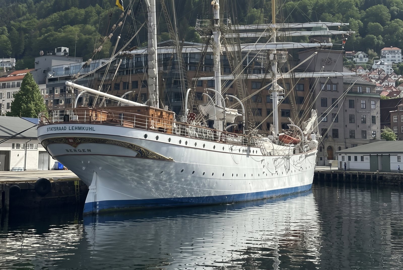 The tall ship Statsraad Lehmkuhl at her berth in Bergen harbour on a June morning